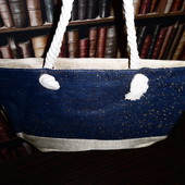 Большая сумка с канатными веревками, люрекс, синяя, сизаль