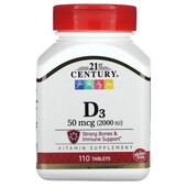 витамин D3, 50 мкг (2000 me), 110 таблеток 21st Century - США