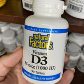natural factors, витамин D3, 25 мкг (1000 МЕ), 90 таблеток - США