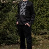 Вишиванка льон чорна і світло сіра вишивка 15-16 років.