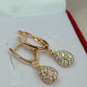 Красивые серьги-висюльки капельки с фианитами. Позолота 585 пробы 18К.