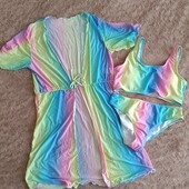 Райдужний підлітковий купальник з накидкою на дівчинку 13-14 р. 158-160