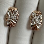 Очаровательная новинка!Серьги с белым цирконом,в розовом и белом золоте,высота 1.6 см,шир 10 мм