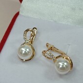 Шикарные серьги с жемчугом и фианитами. Позолота 585 пробы 18К.