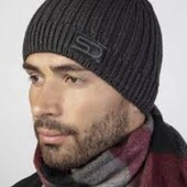 В'язана чоловіча зимова шапка на флісі, світло-сіра, р.56-58