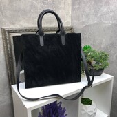 Жіноча сумка шопер А4 натуральна замша недорого з довгою ручкою на плече чорний зелений черовний син