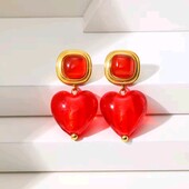 Сережки квадрати, підвіска серце, медзолото, червоне скло