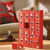Різдвяний новорічний адвент календар червоний з ялинковими іграшками