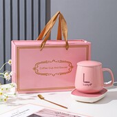 Чашка 350мл на підставці з підігрівом до +55 °С, Рожева / Керамічна чашка з ложкою в подарунковій уп