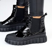 Стильные демисезонные челси ботинки на флисе 41р-26см черн лаковые