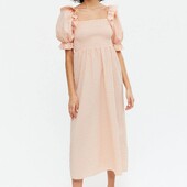 Помаранчева сукня міді у клітинку з резинкою на грудях з об’ємним рукавом