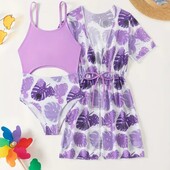 Гарний фіолетовий купальник+ парео накидка на дівчинку 11-12 р 146-152