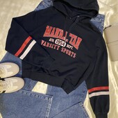 Вкорочений худі на легкому флісі у темно-синьому кольорі