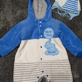 Велюровый утепленный комбез + шапка р.80