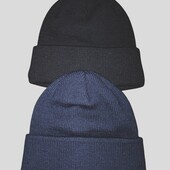 Тёплая вязаная шапка на флисе с подворотом. Черная и тёмно-синяя