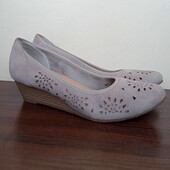 Натуральні замшеві туфлі, сірі жіночі човники на танкетці, літо демі, р. 37-37.5