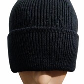 Тёплая вязаная шапка на флисе с подворотом. Черная и тёмно-синяя
