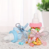Пастельно-розовая и голубая бутылочки с бантиками- бонбоньерки, прочные пластиковые мини-бутылочки