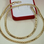 Шикарная цепочка 50 см, плетение колосок с насечками. Позолота 585 пробы 18К.