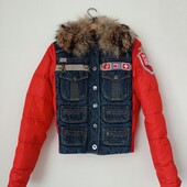 Стильний оригінальний джинсовий пуховік, куртка з натуральним коміром