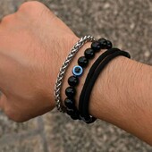 Набір браслетів для чоловіків три шт, оберіг, ланцюжок, натуральний камінь агат, мотузковий