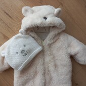 Теплий комбінезон з вушками ведмедика + шапочка малюку 0-3 міс