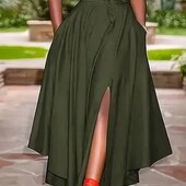 Жіноча довга спідниця софт асиметрія з поясом в кольорі хакі.