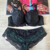 Брендовый кружевной чёрный бюстгальтер с пушап 75e и трусы