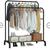 Подвійна стійка-вішак для одягу та взуття підлогова стальна з полицею Black