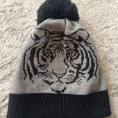 Шапка тигр з помпоном на хлопчика, розмір L(6-10 р.) ОГ 54 см