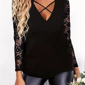 Эффектная блуза с декольте и кружевными рукавами, р. хxl, наш 50-54, черная