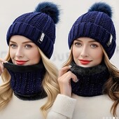 Тёплый зимовий комплект шапка та шарф темно-синього кольору