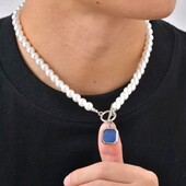 Перлове кольє, намисто, підвіска медальйон, камінь лазурит, панк, хіп хоп