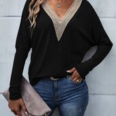 Эффектный тонкий джемпер, блуза с декольте и кружевом, р. м, наш 44-48, черный