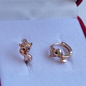Милые детские серьги лисички с фианитами. Позолота 585 пробы 18К.